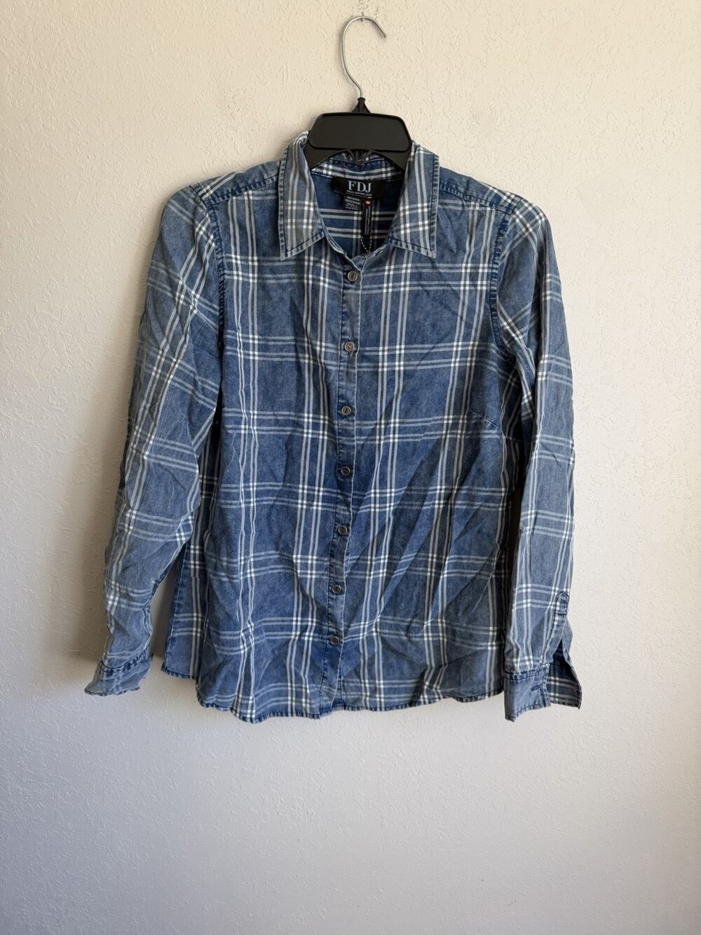 NWT FDJ French Dressing Jeans Blue White Plaid Button Down Blouse Womens 4